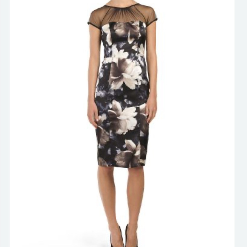 Maggy London Black and White Sheath Midi Dress with Cap Sleeves Sz-6